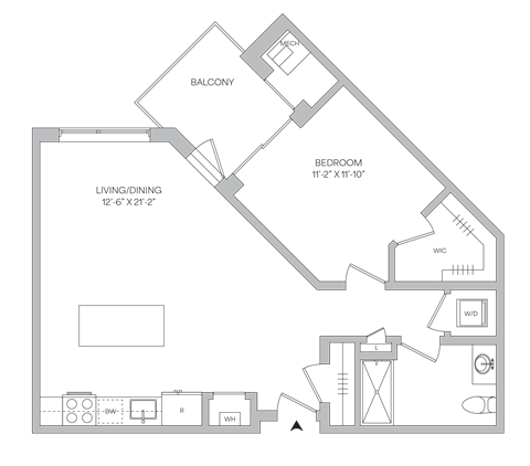 Floor plan for 1 bed, 1 bath, 808 sqft